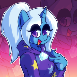 Size: 800x800 | Tagged: safe, artist:rainbrony, imported from derpibooru, trixie, anthro, unicorn, alternate hairstyle, babysitter trixie, breasts, busty trixie, clothes, eyelashes, female, hoodie, horn, looking at you, open mouth, open smile, ponytail, smiling, solo, vector, zoom layer