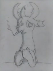 Size: 728x976 | Tagged: safe, artist:revcybliac, imported from derpibooru, thorax, changedling, changeling, antlers, art, cigarette, king thorax, male, solo, table, traditional art