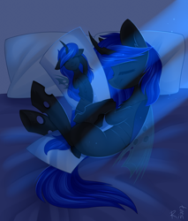 Size: 1700x2000 | Tagged: safe, artist:rinteen, imported from derpibooru, oc, oc:blue visions, changeling, pony, bed, bedsheets, blue changeling, body pillow, commission, hug, night, pillow, pillow hug, sleeping, ych result