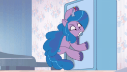 Size: 520x293 | Tagged: safe, imported from derpibooru, screencap, izzy moonbow, pony, spiderpony, unicorn, spoiler:tyts01e24, animated, cabinet, female, g5, gif, mare, my little pony: tell your tale, pulling, starscout code