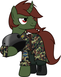 Size: 1819x2308 | Tagged: safe, artist:bnau, imported from derpibooru, oc, oc only, oc:aero glade, pony, unicorn, boots, camouflage, clothes, coat, curved horn, helmet, holding, horn, male, military uniform, shoes, show accurate, simple background, solo, stallion, transparent background, uniform, vector