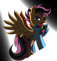 Size: 2784x3000 | Tagged: safe, alternate version, artist:taeko, imported from derpibooru, scootaloo, pegasus, pony, alternate cutie mark, alternate universe, choker, clothes, dyed mane, dyed tail, ear piercing, female, jacket, looking at you, no source, older, older scootaloo, open mouth, piercing, shirt, solo, spiked choker, spotlight, spread wings, tail, the spectacle, wings