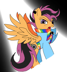 Size: 2784x3000 | Tagged: safe, alternate version, artist:taeko, imported from derpibooru, scootaloo, pegasus, pony, alternate cutie mark, alternate universe, choker, clothes, dyed mane, dyed tail, ear piercing, female, jacket, looking at you, no shading, no source, older, older scootaloo, open mouth, piercing, shirt, solo, spiked choker, spotlight, spread wings, tail, the spectacle, wings