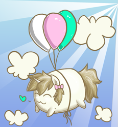 Size: 495x535 | Tagged: safe, artist:fivedollarponies, imported from derpibooru, oc, oc only, oc:balloons, unicorn, :3, balloon, bow, chibi, cloud, cute, eyes closed, female, floating, flying, happy, heart, mare, solo, then watch her balloons lift her up to the sky
