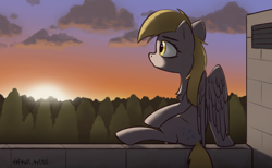 Size: 1750x1080 | Tagged: safe, artist:d3f4ult_4rt1st, imported from derpibooru, derpy hooves, pegasus, pony, chest fluff, forest, roof, scenery, sitting, sky, solo, sun, sunrise