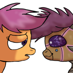 Size: 1024x1024 | Tagged: safe, artist:taeko, derpibooru exclusive, imported from derpibooru, scootaloo, pegasus, pony, robot, robot pony, 2021, duality, eyelashes, female, good vs evil, looking at each other, looking at someone, no source, open mouth, purple sclera, roboticization, sad, scootabot, simple background, smiling, solo, white background