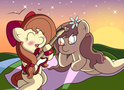 Size: 3509x2550 | Tagged: safe, artist:sparkfler85, derpibooru exclusive, imported from derpibooru, oc, oc only, oc:flani bainilye, oc:hymyt, earth pony, pony, unicorn, blanket, blushing, bow, bracelet, crying, cute, ear piercing, earring, electric guitar, female, fender stratocaster, freckles, guitar, hair bow, happy, hill, implied incest, implied lesbian, jewelry, love, lying down, mare, musical instrument, outdoors, piercing, river, smiling, sunset, tears of joy, water