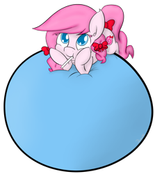 Size: 1024x1147 | Tagged: safe, artist:ramott, imported from derpibooru, oc, oc only, earth pony, balloon, balloon riding, bow, candy, cute, ear fluff, female, food, happy, head in hooves, lollipop, lying down, mare, ocbetes, simple background, solo, that pony sure does love balloons, transparent background, vector
