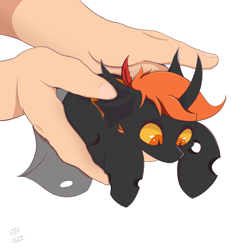 Size: 1000x1000 | Tagged: safe, artist:eventseem, imported from derpibooru, oc, oc:teen spirit, changeling, pony, hand, hold x gentle like hamburger, holding a pony, in goliath's palm, it's dangerous to go alone, meme, orange changeling, ponified, ponified animal photo, ponified meme, simple background, size difference, white background