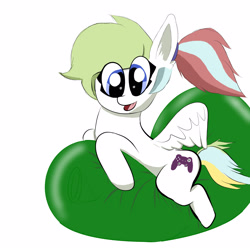 Size: 1600x1600 | Tagged: safe, artist:talabromaltyalla, imported from derpibooru, oc, oc only, oc:gamer beauty, pegasus, balloon, balloon riding, female, mare, open mouth, simple background, solo, spread wings, that pony sure does love balloons, white background, wings