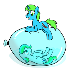 Size: 681x658 | Tagged: safe, artist:baumbs, imported from derpibooru, oc, oc only, oc:balance blade, oc:delphina depths, pegasus, unicorn, balloon, balloon fetish, balloon riding, fetish, simple background, that pony sure does love balloons, transparent background, trapped, vector