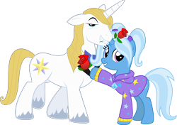 Size: 8102x5694 | Tagged: safe, artist:melisareb, artist:peachspices, edit, imported from derpibooru, vector edit, prince blueblood, trixie, pony, unicorn, .svg available, absurd resolution, alternate hairstyle, babysitter trixie, bedroom eyes, bluetrix, clothes, cute, diatrixes, duo, female, flower, flower in mouth, gameloft, gameloft interpretation, hoodie, lidded eyes, looking at you, male, mare, mouth hold, my little pony: magic princess, pigtails, rose, rose in mouth, shipping, show accurate, simple background, smiling, smiling at you, stallion, stars, straight, transparent background, twintails, unshorn fetlocks, vector