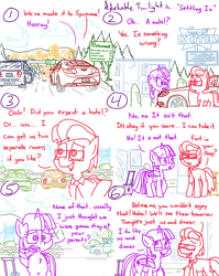 Size: 4779x6013 | Tagged: safe, artist:adorkabletwilightandfriends, imported from derpibooru, twilight sparkle, oc, oc:lawrence, alicorn, earth pony, pony, comic:adorkable twilight and friends, adorkable, adorkable twilight, building, car, city, cityscape, cloud, comic, concerned, conversation, cute, detailed, detailed background, dork, fart joke, forest, glasses, happy, highway, implied farting, motel, mountain, mountain range, necktie, police, police car, restaurant, road, road sign, road trip, scenery, sheriff, sign, skyline, smiling, spokane, spomane, suitcase, tree, twilight sparkle (alicorn)