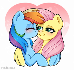 Size: 2336x2224 | Tagged: safe, artist:madelinne, imported from derpibooru, fluttershy, rainbow dash, pegasus, pony, cheek kiss, duo, female, flutterdash, hug, kissing, lesbian, mare, shipping, simple background, white background