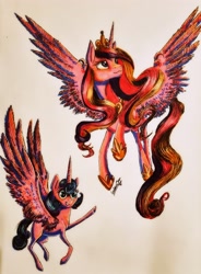 Size: 2436x3311 | Tagged: safe, artist:cahandariella, imported from derpibooru, princess cadance, princess flurry heart, alicorn, pony, duo, feather, female, ink drawing, large wings, marker drawing, mother and child, mother and daughter, older, older flurry heart, spread wings, sternocleidomastoid, thin legs, traditional art, wings