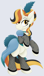 Size: 3204x5512 | Tagged: safe, artist:feather_bloom, imported from derpibooru, oc, oc only, oc:candy corn, pony, unicorn, bipedal, clothes, commission, dress, hair bun, saloon dress, shading, simple background, socks, solo, standing, standing on two hooves, stockings, thigh highs