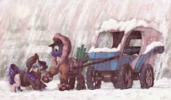 Size: 5100x3000 | Tagged: safe, artist:docwario, imported from derpibooru, rarity, oc, earth pony, pony, unicorn, 2016, absurd resolution, cap, cart, chains, clothes, coat, duo, female, hat, male, mare, old art, snow, snowfall, stallion, wagon, wheel, winter outfit