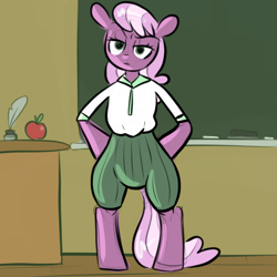 Size: 768x768 | Tagged: safe, artist:smirk, imported from derpibooru, cheerilee, earth pony, semi-anthro, angry, apple, chalk, chalkboard, classroom, clothes, colored sketch, desk, food, hooves on hips, inkwell, looking at you, quill, solo, teacher, unamused