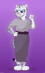 Size: 1515x2481 | Tagged: safe, artist:colorcodetheartist, imported from derpibooru, rarity, anthro, big cat, tiger, belt, button-up shirt, clothes, eyeshadow, furrified, furry, gradient background, lidded eyes, makeup, not mlp related, raised hand, shirt, simple background, skirt, solo, species swap, stripes, white tiger