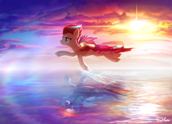 Size: 2500x1800 | Tagged: safe, artist:finalaspex, imported from derpibooru, rainbow dash, zipp storm, pegasus, pony, counterparts, female, flying, g4, g5, mare, ocean, reflection, scenery, scenery porn, slim, sunset, thin, water