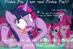 Size: 1800x1200 | Tagged: safe, edit, edited screencap, imported from derpibooru, screencap, pinkie pie, twilight sparkle, earth pony, pony, unicorn, season 3, too many pinkie pies, clone, confused, derp, dialogue, engrish, female, horn, mare, mirror pool, multeity, pinpoint eyes, shocked, silly, silly pony, smiling, text, tongue out, too much pink energy is dangerous, unicorn twilight