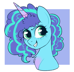Size: 691x675 | Tagged: safe, artist:lulubell, imported from derpibooru, pony, unicorn, spoiler:g5, bust, female, freckles, g5, mare, misty brightdawn, smiling, solo