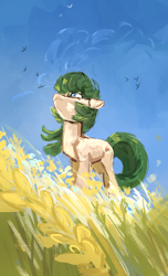 Size: 1900x3124 | Tagged: safe, artist:megalura, imported from derpibooru, oc, oc only, bird, earth pony, pony, blue sky, field, food, high res, solo, wheat