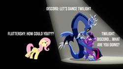 Size: 1600x900 | Tagged: safe, edit, edited screencap, imported from derpibooru, screencap, discord, fluttershy, twilight sparkle, alicorn, draconequus, pegasus, season 4, three's a crowd, angry, betrayed, bipedal, blue flu, dialogue, discolight, female, floppy ears, flutterrage, glass of water, horn, infidelity, male, mare, shipping, shocked, smiling, spotlight, spread wings, straight, text, twilight sparkle (alicorn), wings