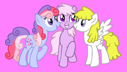 Size: 870x493 | Tagged: safe, artist:jigglewiggleinthepigglywiggle, imported from derpibooru, lickety split, lickety-split, surprise, sweet stuff, earth pony, pegasus, pony, twinkle eyed pony, adoraprise, base used, best friends, best friends forever, cute, female, friends, g1, g1 licketybetes, g1 to g4, g4, generation leap, grin, lickety split being silly, magic the gathering, mare, pink background, raised hoof, raised leg, simple background, smiling, surprise being surprise, sweet sweet stuff, trio