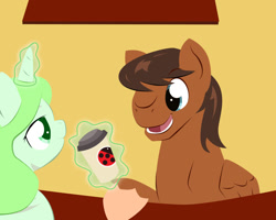 Size: 1280x1024 | Tagged: safe, artist:askmerriweatherauthor, artist:jitterbug-cafe, imported from derpibooru, oc, oc:dusty (jitterbug-cafe), oc:merriweather, pegasus, pony, unicorn, ask merriweather, female, green background, male, mare, simple background, stallion, tumblr:jitterbug cafe