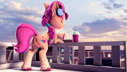 Size: 3840x2160 | Tagged: safe, artist:psfmer, imported from derpibooru, sunny starscout, earth pony, pony, 3d, balcony, braided ponytail, butt, cloud, drink, eyes closed, female, g4, g5, g5 to g4, generation leap, headphones, mare, maretime bay, plot, source filmmaker, sunny starbutt, unshorn fetlocks