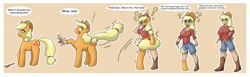 Size: 5200x1600 | Tagged: safe, artist:quickcast, imported from derpibooru, applejack, human, applejack's hat, boots, commission, confusion, cowboy hat, hat, humanized, key, mental shift, pony to human, shoes, speech bubble, transformation, transformation sequence