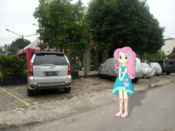 Size: 1280x959 | Tagged: safe, artist:mazakbar567, edit, imported from derpibooru, fluttershy, human, equestria girls, car, clothes, dress, equestria girls in real life, female, indonesia, indonesian, irl, looking at you, photo, simple background, smiling, smiling at you, solo, street, toyota, toyota avanza, toyota kijang