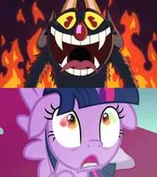Size: 1920x2160 | Tagged: safe, edit, edited screencap, imported from derpibooru, screencap, twilight sparkle, alicorn, pony, season 9, the ending of the end, spoiler:s09, comparison, cuphead, evil laugh, fire, floppy ears, laughing, shrunken pupils, terrified, the cuphead show, the devil, twilight sparkle (alicorn)