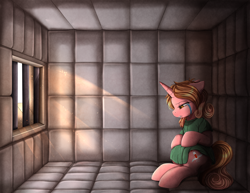 Size: 4980x3848 | Tagged: artist needed, source needed, safe, imported from derpibooru, oc, oc only, unicorn, asylum, crying, fanfic, fanfic art, fanfic cover, padded cell, sad, sunlight