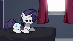 Size: 1280x720 | Tagged: safe, artist:rainbrony, imported from ponybooru, rarity, oc, oc:stoney poney, earth pony, pony, unicorn, angry, animated, arrow, bed, bedroom, bedroom eyes, curtains, drugs, eyes closed, female, friday night funkin', frown, gritted teeth, high, horn, lying down, male, mare, marijuana, numbers, one eye closed, prone, smiling, sound, stallion, stoned, teeth, text, voice acting, webm, window, wink, youtube link