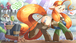 Size: 2133x1200 | Tagged: safe, artist:nignogs, oc, oc:anon, oc:nordpone, breezie, earth pony, armor, female, kidnapped, male, mare, reversed gender roles equestria, reversed gender roles equestria general, sweat, sword, tail wrap, talking, walking, weapon