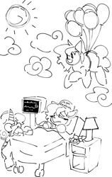 Size: 756x1199 | Tagged: safe, artist:wallswallswalls, oc, oc only, oc:kayla, earth pony, kirin, pony, balloon, bed, blanket, female, filly, flower, frown, hat, hospital bed, lamp, lying down, mare, monochrome, sick, sky, sun