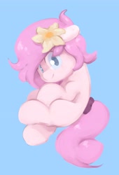 Size: 2789x4096 | Tagged: safe, artist:parfait, oc, oc only, oc:kayla, earth pony, female, filly, flower, lying down, mare, simple background, smiling