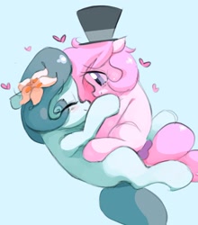 Size: 1898x2156 | Tagged: safe, artist:parfait, oc, oc only, oc:hattsy, oc:kayla, earth pony, pony, eyes closed, female, filly, flower, hat, heart, hug, mare, simple background, smiling, top hat