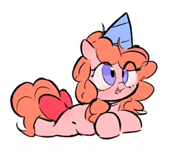 Size: 1491x1428 | Tagged: safe, artist:parfait, oc, oc only, oc:peachy keen, earth pony, pony, bow, female, hat, lying down, mare, open mouth, party hat, prone, simple background, smiling, sploot, tail bow, white background