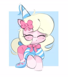 Size: 2892x3290 | Tagged: safe, artist:parfait, oc, oc only, earth pony, pony, bow, clothes, eyes closed, female, filly, hat, mare, party hat, raised hoof, simple background, smiling