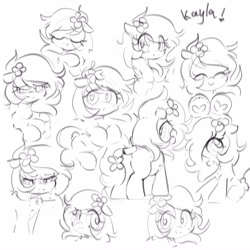 Size: 4096x4096 | Tagged: safe, artist:parfait, oc, oc only, oc:kayla, earth pony, pony, drawpile, eyes closed, female, filly, flower, looking back, mare, monochrome, open mouth, simple background, sitting, smiling