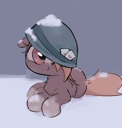 Size: 1878x1968 | Tagged: safe, artist:parfait, earth pony, pony, card, female, hat, helmet, lying down, mare, ponified, sergeant reckless, smiling, snow