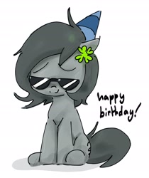 Size: 2200x2620 | Tagged: safe, artist:parfait, oc, oc only, oc:filly anon, earth pony, pony, birthday, female, filly, glasses, hat, mare, party hat, sitting, smiling