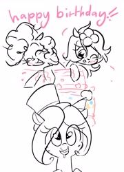 Size: 2904x4036 | Tagged: safe, artist:parfait, pinkie pie, oc, oc only, oc:hattsy, oc:kayla, earth pony, pony, birthday, cake, drool, female, food, hat, mare, monochrome, open mouth, party hat, simple background, smiling, top hat