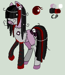 Size: 219x252 | Tagged: safe, artist:luckycloveradopts, imported from derpibooru, oc, oc only, oc:franken pony, earth pony, pony, bow, color palette, eye, female, frankenpony, frankenstein, frankenstein's monster, hair over eyes, heart, mare, raised hoof, reference sheet, skull, stitches, tail, tail bow, text