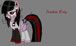 Size: 1024x615 | Tagged: safe, artist:ashlandrenee, imported from derpibooru, oc, oc only, oc:franken pony, earth pony, pony, boots, bow, female, frankenpony, frankenstein, frankenstein's monster, gray background, heart, mare, shoes, simple background, skull, smiling, stitches, tail, tail bow, text