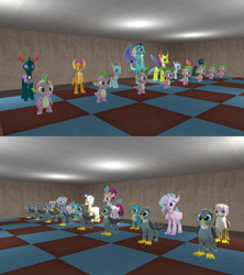 Size: 1901x2138 | Tagged: safe, artist:ponygamer2020, imported from derpibooru, gabby, gallus, gilda, ocellus, pharynx, princess ember, princess skystar, queen novo, silverstream, smolder, spike, thorax, changedling, changeling, classical hippogriff, dragon, griffon, hippogriff, my little pony: the movie, 3d, birb, bishop, board, board game, chess, chess piece, chessboard, female, king, king thorax, knight, knight pony chess, looking at each other, looking at someone, male, pawn, prince pharynx, queen, rook, source filmmaker