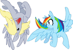 Size: 1281x879 | Tagged: safe, artist:kindalkaykay, imported from derpibooru, derpy hooves, rainbow dash, pegasus, pony, eyes closed, female, flying, mare, multicolored hair, pinpoint eyes, rainbow hair, shocked, simple background, smiling, spread wings, transparent background, upside down, wings